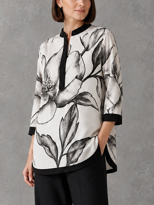 Leaves Print Flower Print Contrast Color Three-quarter Sleeves Loose Mock Neck Blouses&shirts Tops