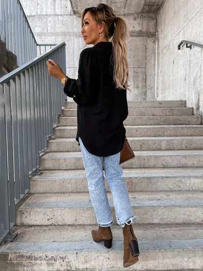 Chemisiers tendance à manches longues et col à revers de couleur unie 