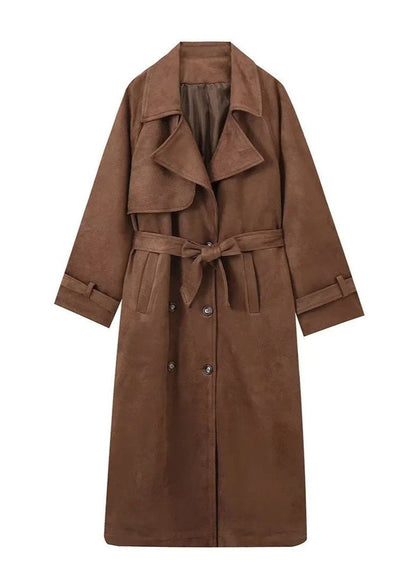 Women Vintage Brown Suede Double Breasted Coat with Belt | Casual Turn-Down Collar Long Jacket brown