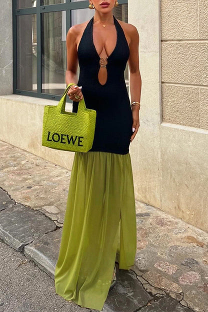 Sexy Solid Color Patchwork Backless Contrast Halter Long Dresses