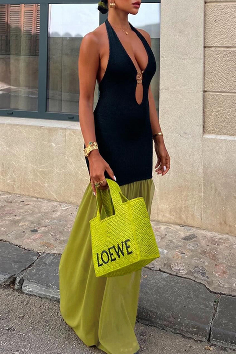 Sexy Solid Color Patchwork Backless Contrast Halter Long Dresses
