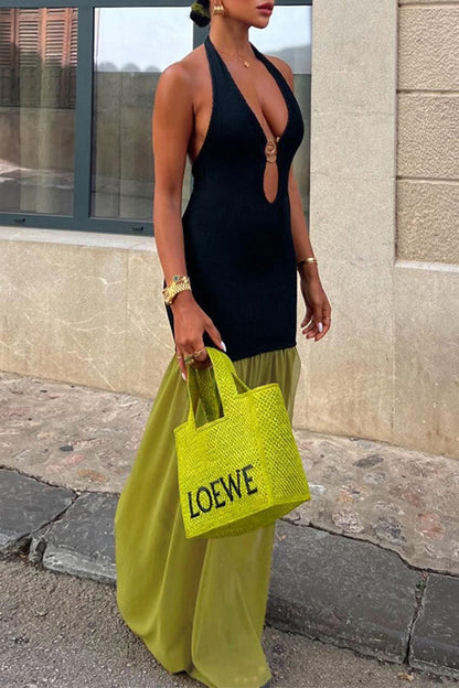 Sexy Solid Color Patchwork Backless Contrast Halter Long Dresses