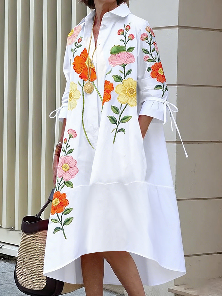 A-Line Half Sleeves Buttoned Flower Print Pockets Split-Joint Tied Lapel Midi Dresses