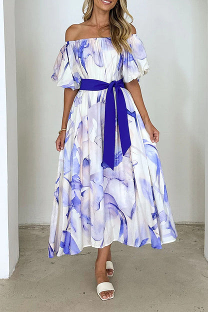 Elegant Floral Print Lace Up Off Shoulder A Line Dresses