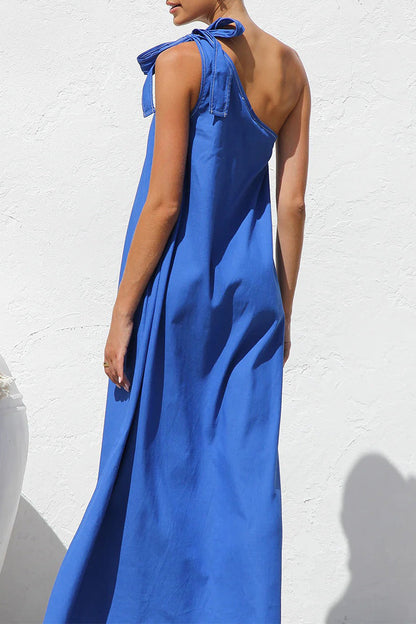Casual Solid Color Lace Up Sloping Shoulder Irregular Dresses