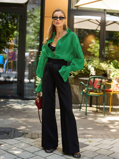 Long Sleeves Puff Sleeves Buttoned Pleated Ruffled Solid Color Split-Joint Lapel Blouses&Shirts Tops