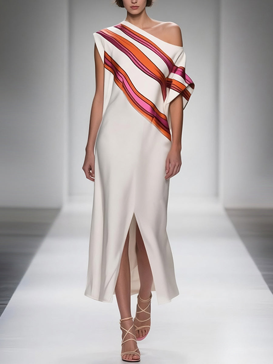 Loose Sleeveless Asymmetric Printed Split-Front One-Shoulder Maxi Dresses