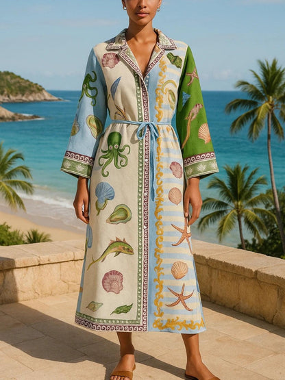 Adeline™ | Belted Printed Midi Shirt Dress