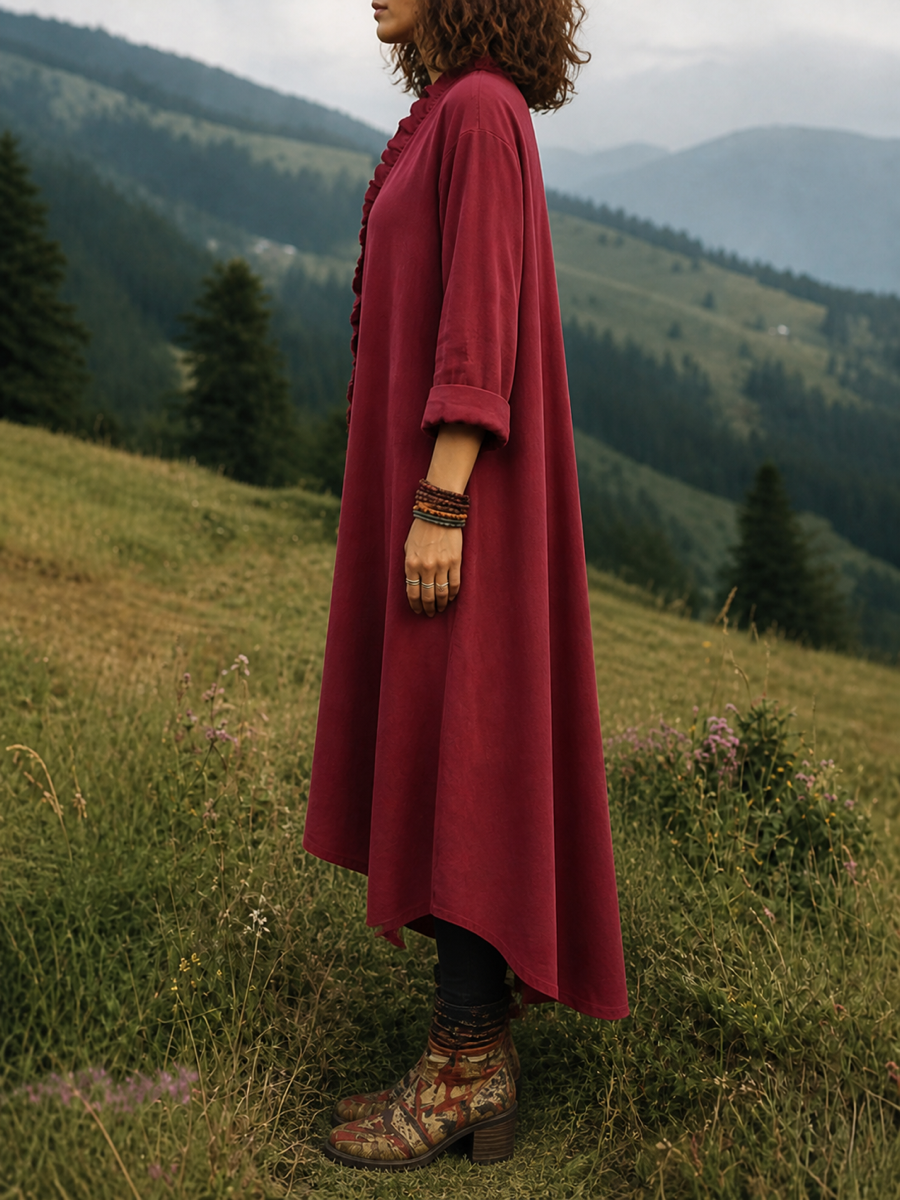 Split-Joint Solid Color Ruffled Loose Long Sleeves V-neck Midi Dresses