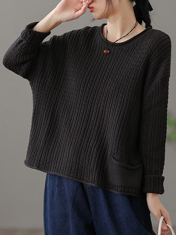 Artistic Retro Loose Long Sleeves Jacquard Solid Color Round-Neck Sweater Tops
