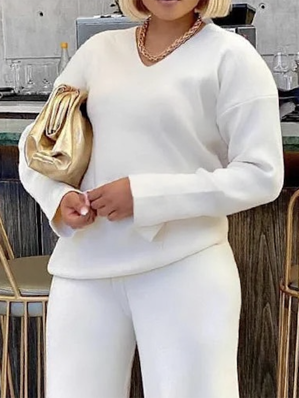 Long Sleeves Loose Solid Color V-Neck Pullovers