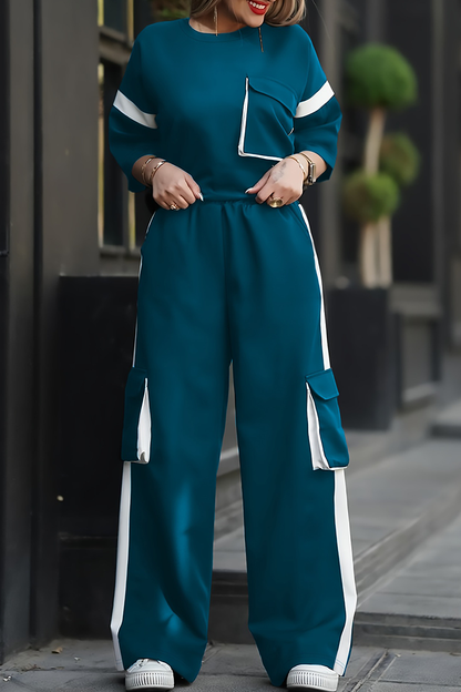 Casual Solid Color Pocket Contrast O Neck Half Sleeve Two Pieces