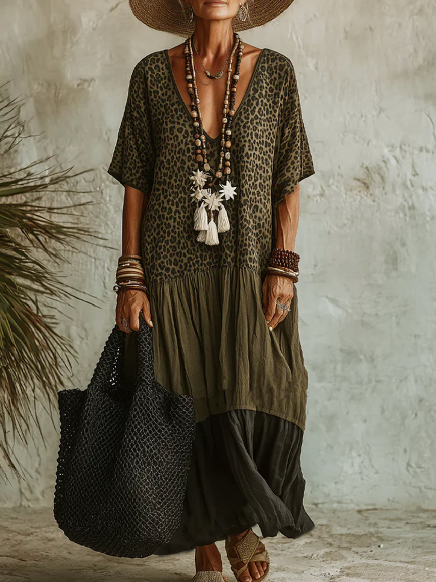 Half Sleeves Loose Leopard Pleated Printed Split-Joint Deep V-Neck Maxi Dresses