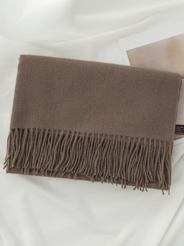 Keep Warm Solid Color Tasseled Shawl&Scarf COFFEE One_size