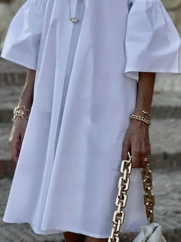 Flared Sleeves Half Sleeves Solid Color Round-Neck Mini Dresses