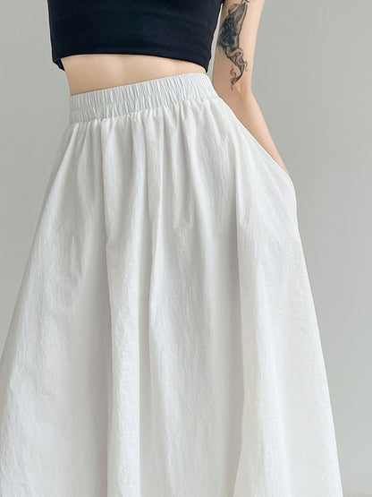 A-Line Loose Elasticity Pleated Pockets Solid Color Skirts Bottoms