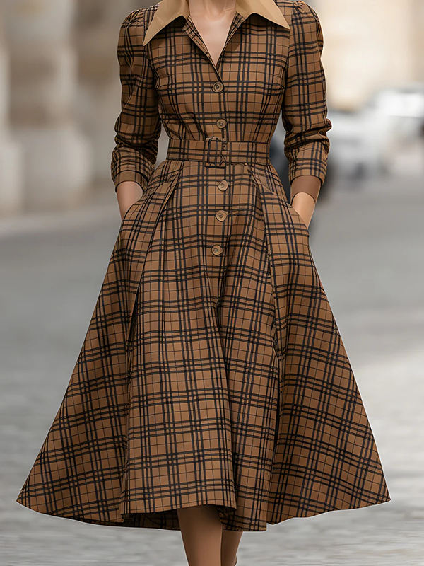 High Waisted Three-Quarter Sleeves Belted Buttoned Plaid Pleated Pockets Lapel Midi Dresses