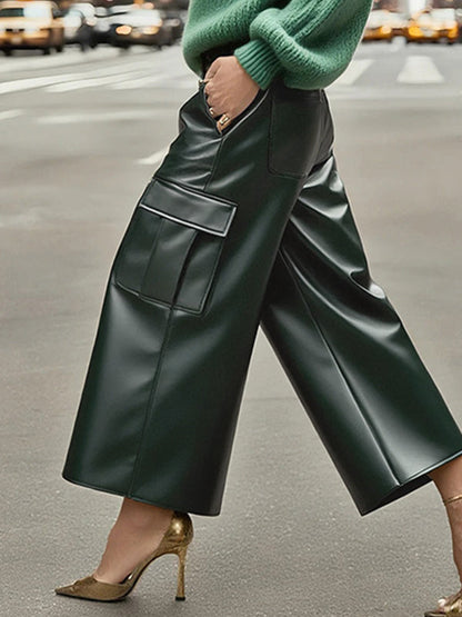 High Waisted Loose Pockets Solid Color Split-Joint Pants Trousers