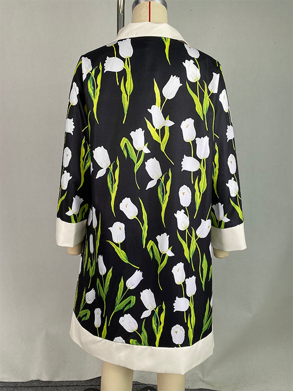 A-Linien-Minikleid mit lockerem Knopf und Blumendruck und Stehkragen 