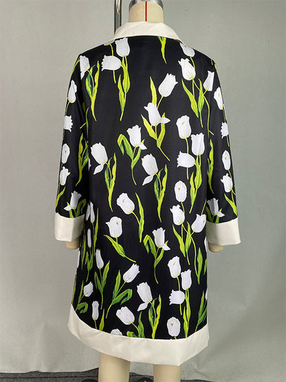 A-Linien-Minikleid mit lockerem Knopf und Blumendruck und Stehkragen 