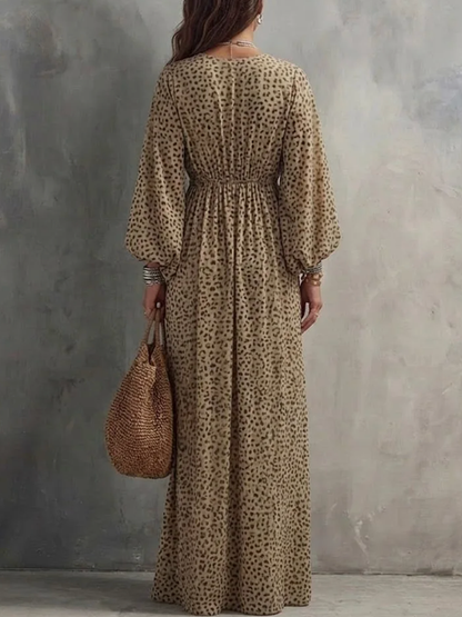 High Waisted Long Sleeves Contrast Color Elasticity Leopard Ruched V-Neck Maxi Dresses