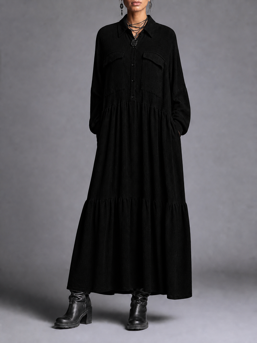 Split-Joint Solid Color Pockets Buttoned Loose Long Sleeves Lapel Maxi Dresses