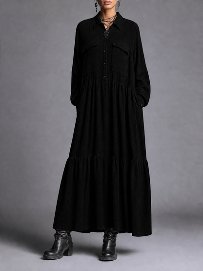 Split-Joint Solid Color Pockets Buttoned Loose Long Sleeves Lapel Maxi Dresses