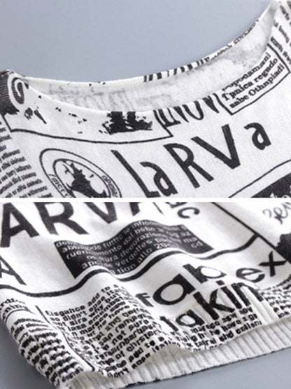 Vintage Loose One-Shoulder Newspaper Printed Split-Joint Sweater
