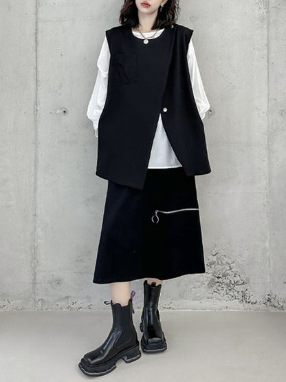 Débardeur ample sans manches à col rond et fermeture éclair asymétrique 