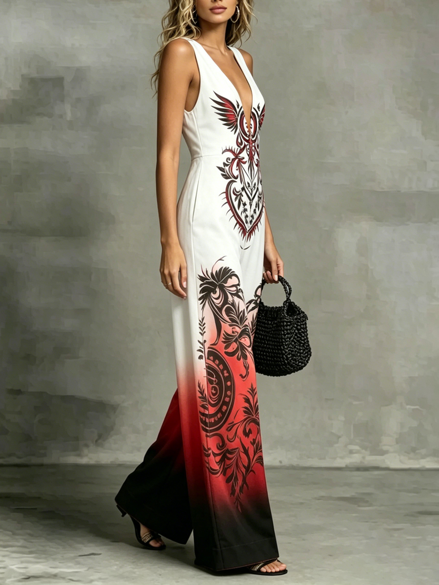 High Waisted Loose Pockets Printed V-Neck Jumpsuits