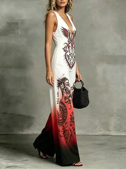 High Waisted Loose Pockets Printed V-Neck Jumpsuits