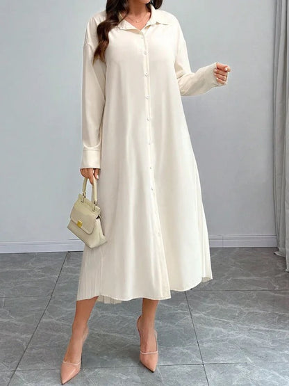 High-Low Long Sleeves Buttoned Pleated Solid Color Lapel Midi Dresses Shirt Dress
