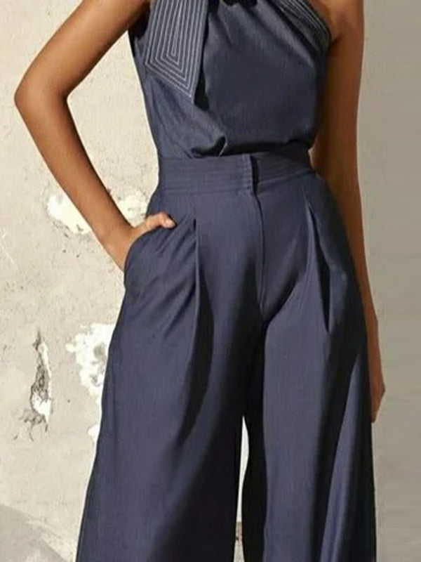 Pantalon en jean taille haute ample plissé à fentes 