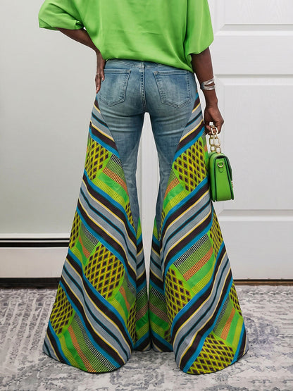 High Waisted Wide Leg Buttoned Contrast Color Pockets Split-Joint Striped Zipper Jean Pants Bottoms