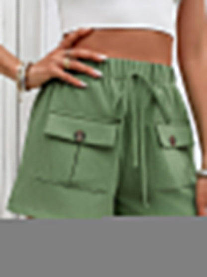 High Waisted Loose Buttoned Drawstring Elasticity Pockets Solid Color Shorts Bottoms