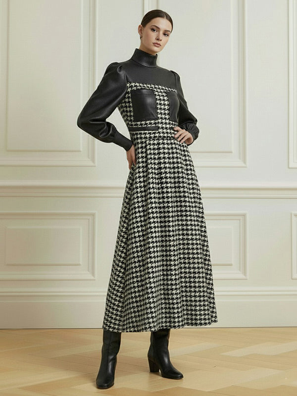 A-Line Loose Contrast Color Split-Joint Swallow Gird/Houndstooth Zipper High Neck Maxi Dresses