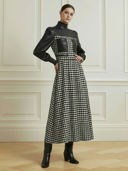 A-Line Loose Contrast Color Split-Joint Swallow Gird/Houndstooth Zipper High Neck Maxi Dresses