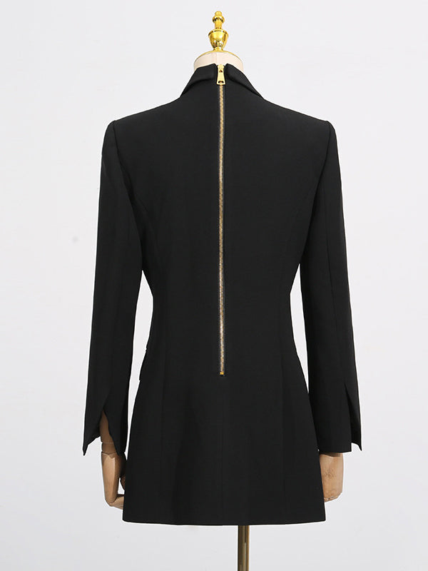 Long Sleeves Loose Buttoned Pockets Solid Color Notched Collar Blazer Outerwear