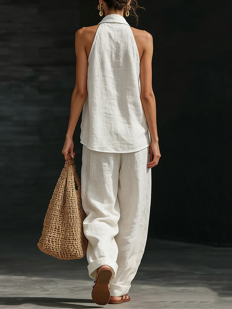 Loose Solid Color V-Neck Sleeveless Vest Top + Pockets Pants Trousers Two Pieces Set