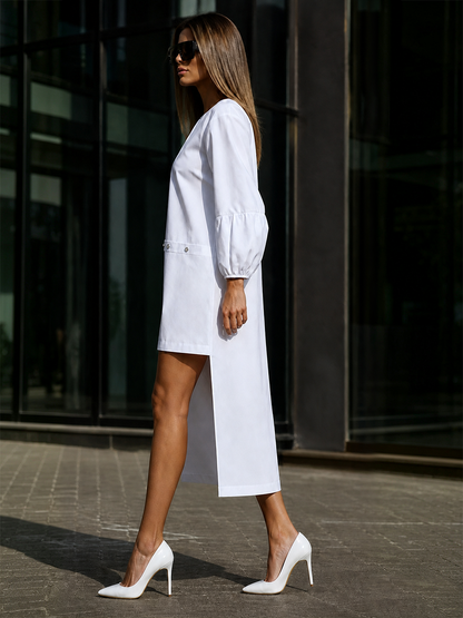 Solid Color Buttoned Asymmetric Three-quarter Sleeves Puff Sleeves Round-neck Midi Dresses