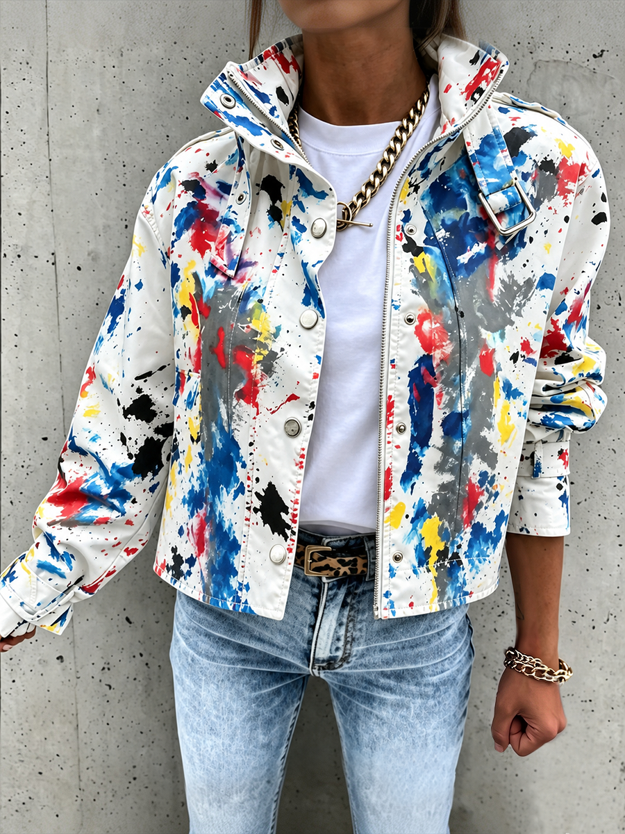 Zipper Split-Joint Printed Contrast Color Buttoned Loose Long Sleeves Stand Collar Outerwear Jackets