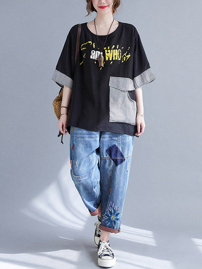 Original Letter Print Split-Joint Round-Neck T-Shirts Tops