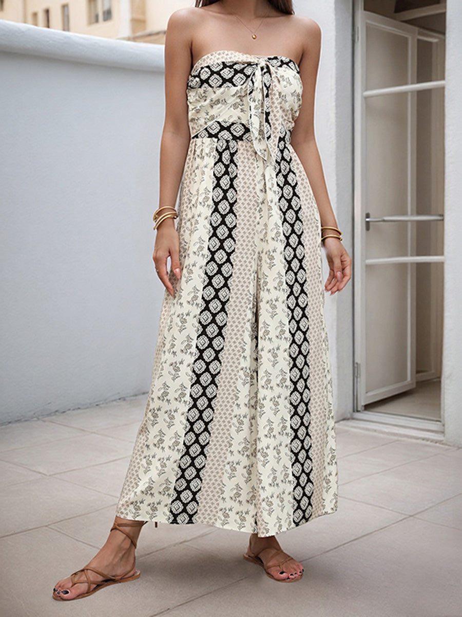 High Waisted Sleeveless Backless Contrast Color Pleated Printed Split-Joint Tied Twist Tube Jumpsuits
