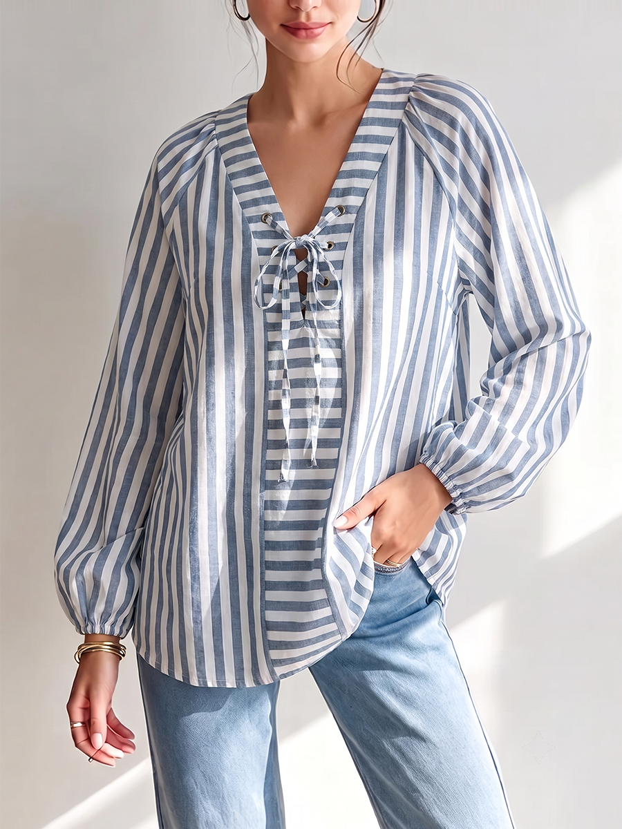 Striped Hollow Drawstring Contrast Color Puff Sleeves Loose V-neck Blouses&shirts Tops