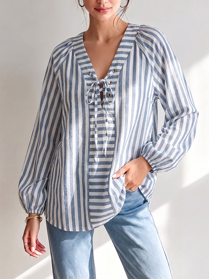 Striped Hollow Drawstring Contrast Color Puff Sleeves Loose V-neck Blouses&shirts Tops