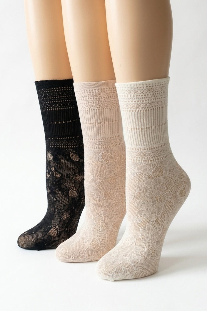 3-Pack Sheer Floral Lace Crew Socks