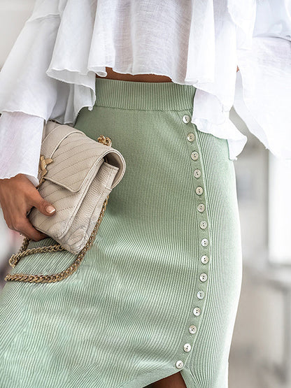 Bodycon High Waisted Asymmetric Buttoned Split-Side Skirts Bottoms