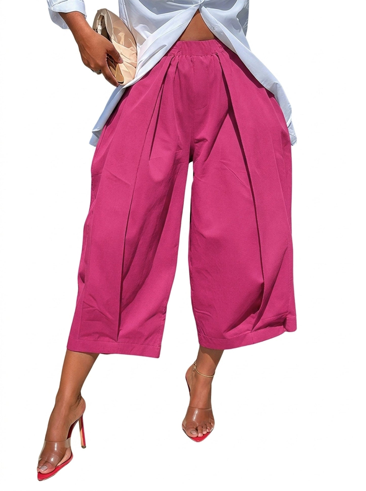 Solid Color Pockets Pleated Wide Leg Loose Pants