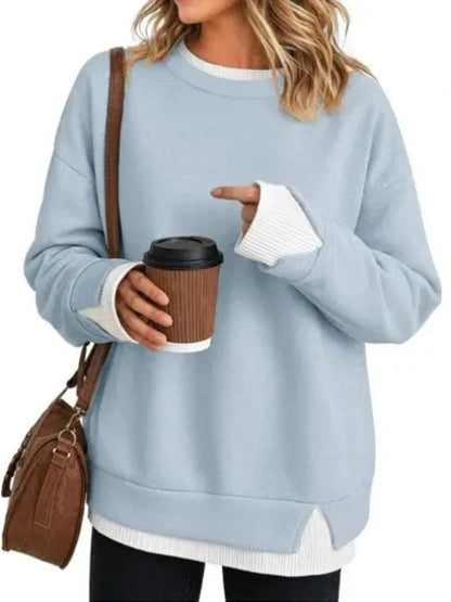 Split-Joint Contrast Color Plus Size Loose Round-neck Sweater Pullovers