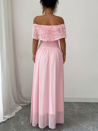 A-Line Half Sleeves Pleated Solid Color Split-Joint Three-Dimensional Flower Off-The-Shoulder Maxi Dresses